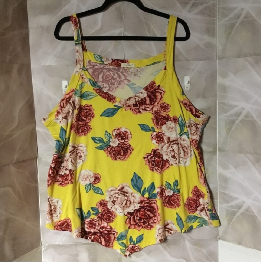 YELLOW & RUST-WHITE-GREEN FLORAL PRINT TANK TOP 3X
